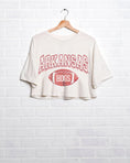 Load image into Gallery viewer, Women’s Arkansas razorback cropped football shirt perfect for SEC football season, tailgate and game day outfits… all at your favorite Fayetteville, AR boutique store!  Whimsy Whoo
