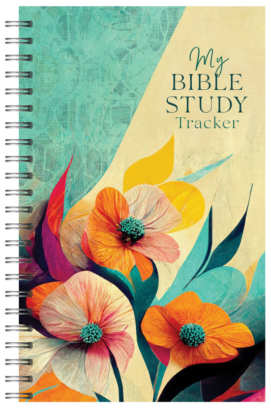 Bible Study Tracker with colorful floral design on a blue and beige background