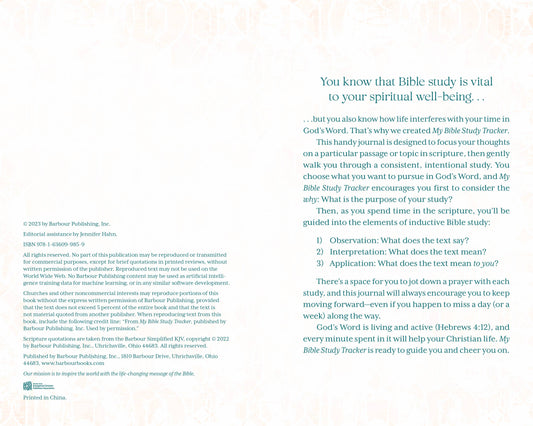 Bible Study Tracker book with text on a light blue background