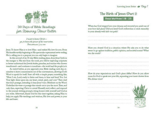 Book page with Bible reading and reflection questions on a white background