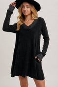 Load image into Gallery viewer, Woman wearing a black sweater dress and black hat on a plain background, waffle knit dress, waffle knit thermal, thermal knit dresses, Fayetteville boutiques, clothing stores Fayetteville ar
