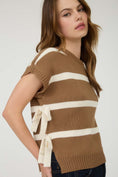 Load image into Gallery viewer, Woman wearing a brown and beige striped sweater with a white tie on a plain background, sweater, sweater vest, sweaters for women, sweater vest women, sweater women, knit sweater, oversized sweaters, clothing store near me

