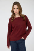 Load image into Gallery viewer, Woman wearing a maroon sweater and blue jeans on a white background,  navy blue sweater, soft maroon sweater, burgundy top, blu pepper top, blu pepper sweater, shopping near me, Fayetteville ar boutique store
