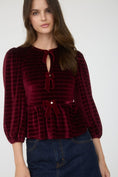 Load image into Gallery viewer, blu pepper clothing, red velvet top, burgundy velvet top, christmas top with bows, holiday looks, elevated christmas top, christmas blouse, velvet blouse
