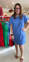 The Essential Tunic Dress, color Kelly Green. Flutter sleeves, midi length. back view