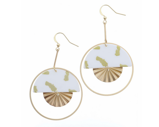 Jane Marie | Gold Bar Drop, Half White Circle And Gold Dots With Gold Fan Charm Earring