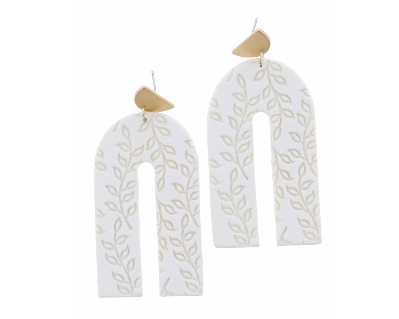 Jane Marie | Gold Half Circle Post With White Clay Arch With Gold Leaf Design Earring