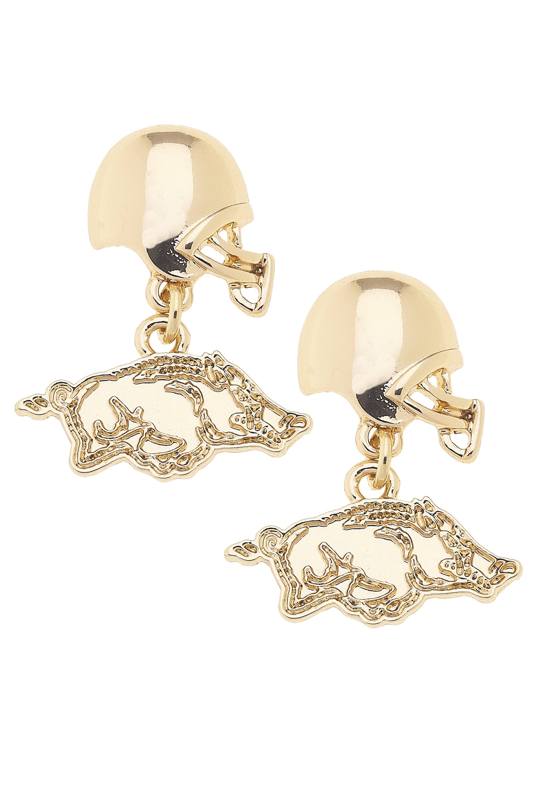 Gold earrings with intricate designs on a white background, Arkansas accessories, Razorback jewelry, razorback store, clothing store near me, stores, Razorback ar, gold razorback jewelry, gold razorback earrings