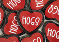 Load image into Gallery viewer, Heart-shaped red razorback gameday pins with 'HOGS' text on a white background
