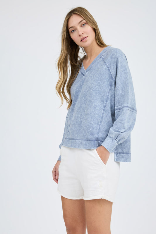 Cozy Aesthetic Acid Wash Pullover V-Neck Sweatshirt