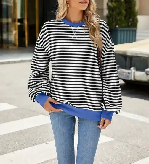 Kick it in Comfort Striped Color Contrast Pullover | Black & Blue