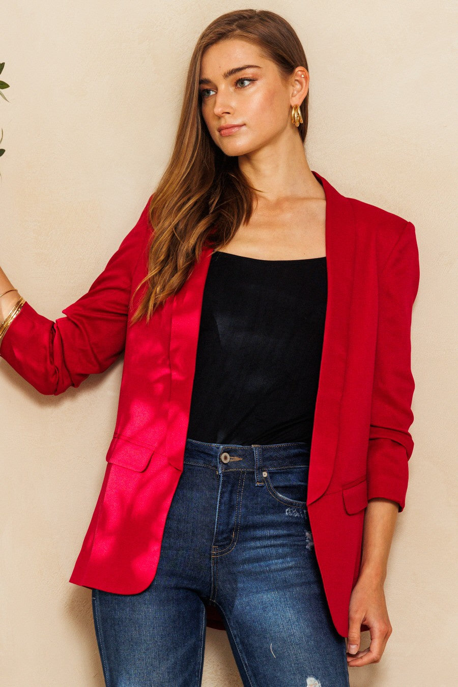Holiday Chic 3/4 Sleeve Burgundy Blazer
