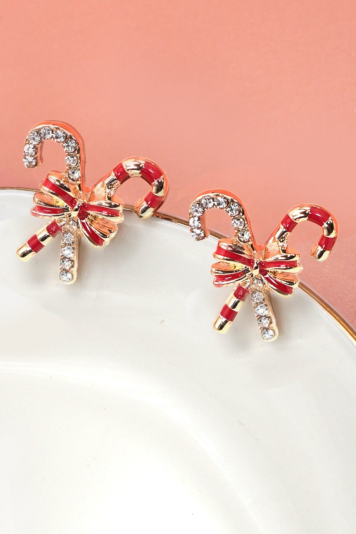Christmas Candy Cane Rhinestone Bow Earrings