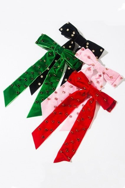 Add Some Sparkle Rhinestone Bow Hair Clips | Green