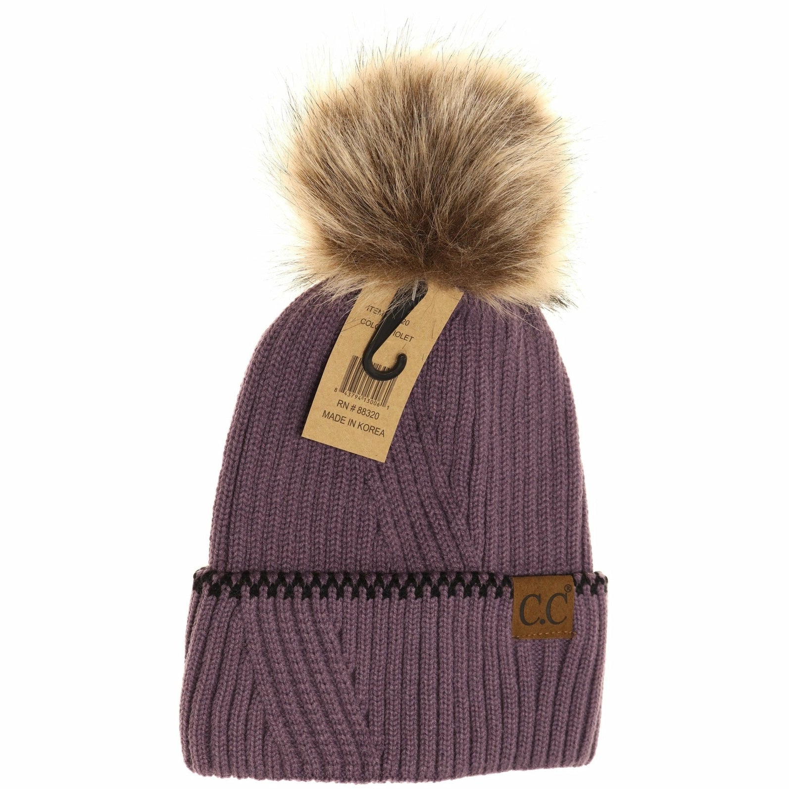 C. C Beanie | Ribbed Knit Beanie with Fur Pom - Violet