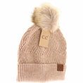 Load image into Gallery viewer, C.C Beanie | Sequin Brioche Cable Knit Fur Pom Beanie - Tan
