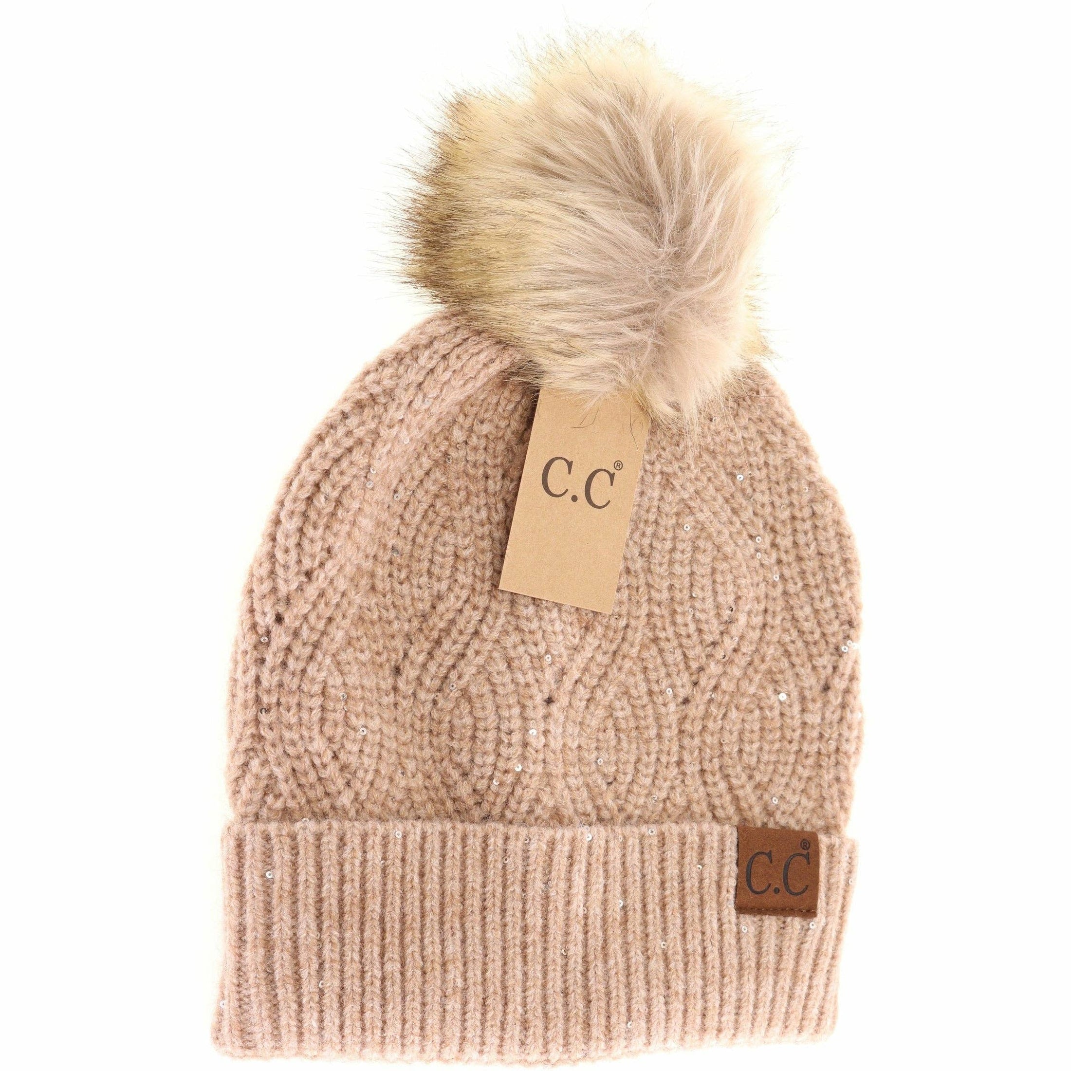 C.C Beanie | Sequin Brioche Cable Knit Fur Pom Beanie - Tan