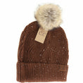 Load image into Gallery viewer, C.C Beanie | Sequin Brioche Cable Knit Fur Pom Beanie - Chocolate
