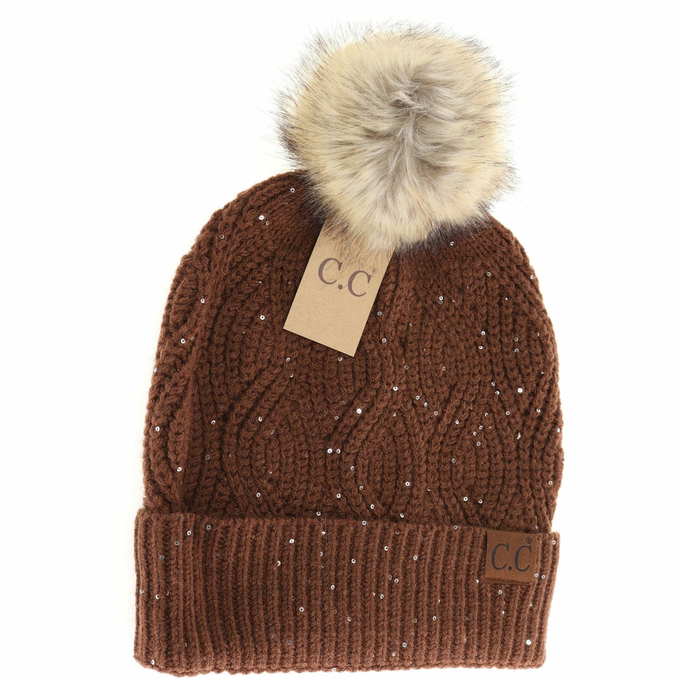 C.C Beanie | Sequin Brioche Cable Knit Fur Pom Beanie - Chocolate