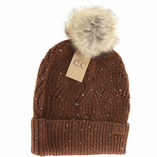 C.C Beanie | Sequin Brioche Cable Knit Fur Pom Beanie - Chocolate