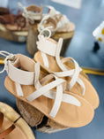 Load image into Gallery viewer, Beige sandals with white straps on a blurred background, oasis society sandals, shoes in Fayetteville arkansas, boutique in Fayetteville arkansas, beige sandals, sandals on sale
