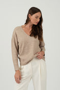 Load image into Gallery viewer, Oatmeal colored sweater, taupe v-neck sweater, blu pepper clothing, oatmeal sweater, oatmeal v-neck sweater, comfortable taupe sweater, stores in Springdale
