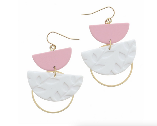 Jane Marie | Pink Half Circle, Leaf Design Half Circle, Gold Circle Accent Earring