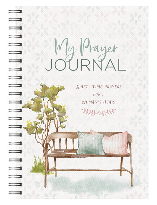 Prayer journal cover with a bench and tree design on a white background