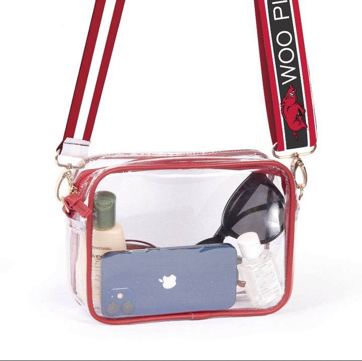 clear stadium approved bag with red, white, black strap with red razorback, Razorback Clear Stadium Bag, clear bag, stadium bags, concert bags, clear bag for stadium, 