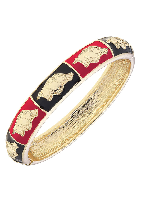 Bangle with gold, red, and black design on a white background, razorback jewelry, Arkansas razorback jewelry, Arkansas razorback bracelet, razorback jewelry near me. Women razorback jewelry, Razorback jewelry for sale, 