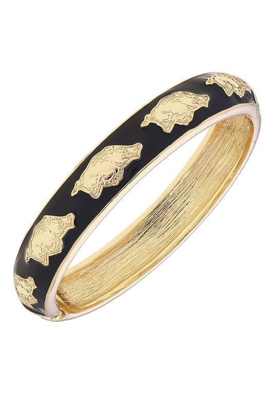 Gold bracelet with black band featuring gold hog prints on a white background, razorback jewelry, Arkansas razorback jewelry, Arkansas razorback bracelet, razorback jewelry near me. Women razorback jewelry, Razorback jewelry for sale, 