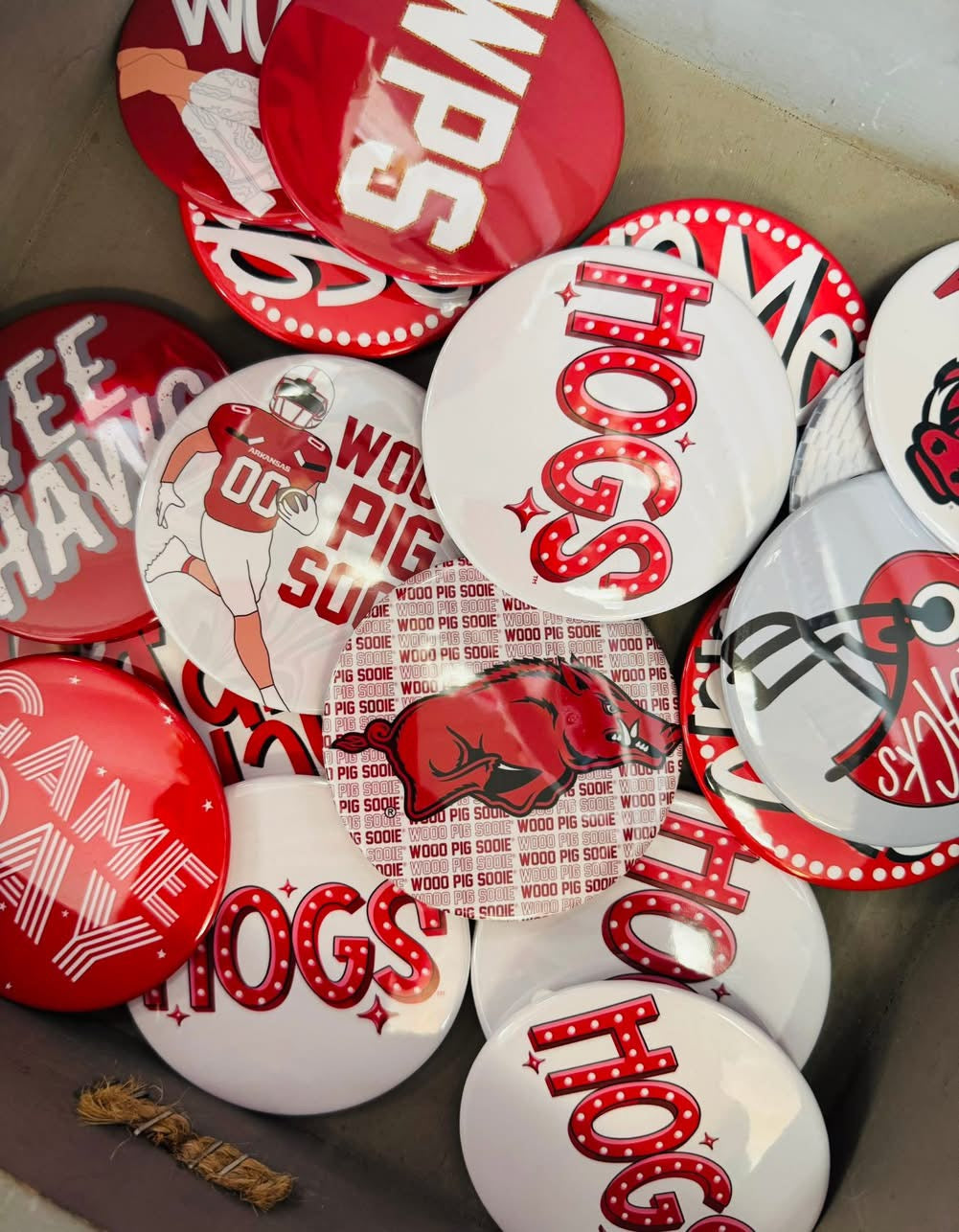 College game day pins, arkansas razorback game day on, Razorback gameday pins, red gameday pins, red game day pins, game day buttons arkansas, Razorback Store Rogers, AR, boutiques in Fayetteville ar