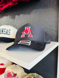 Load image into Gallery viewer, Black cap with red Arkansas Razorback logo on a shelf, razorback hat, hog hats, hats near me, razorback hats for sale, razorback hat patches, vintage Arkansas razorback hat, black razorback hat
