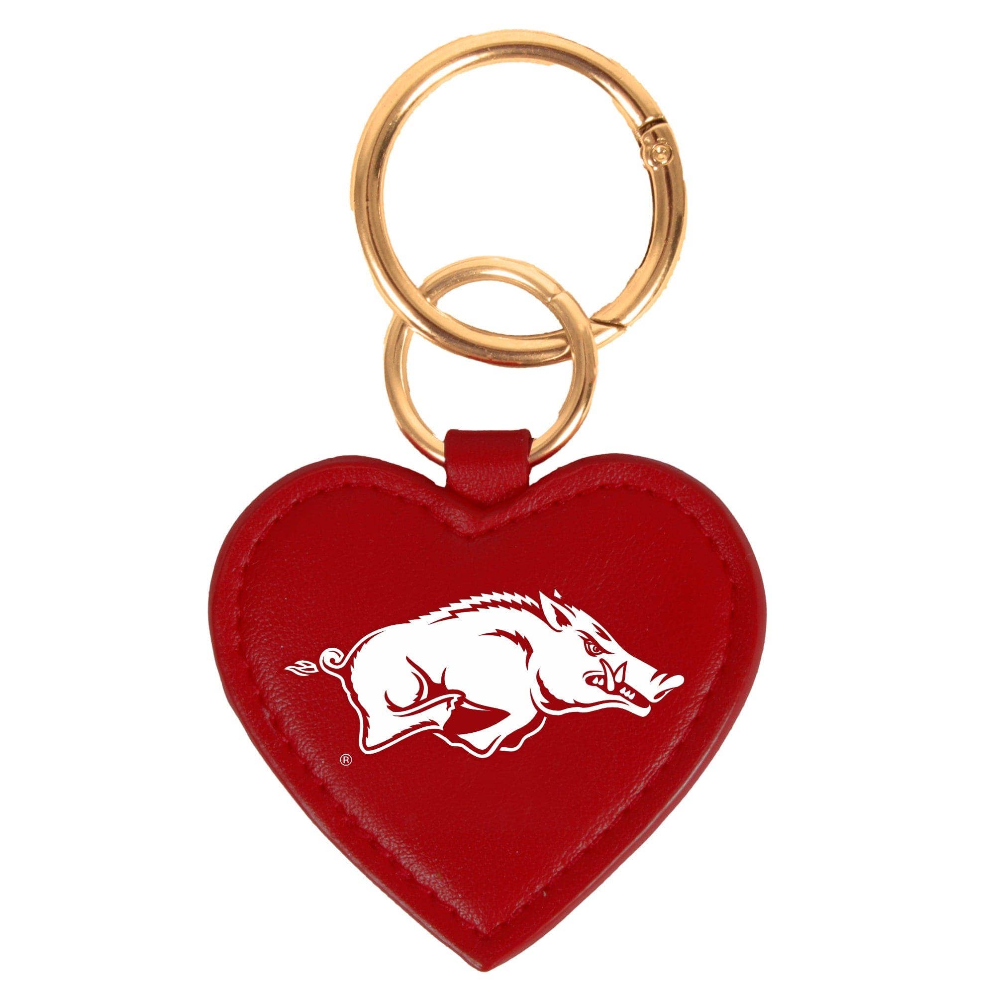 Red heart-shaped keychain with a white logo on a white background, razorback purse charm, Arkansas razorback purse charm, razorback keychain, Arkansas razorback keychain, Fayetteville boutique store near me, shopping near me