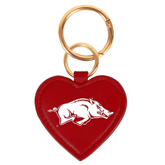 Red heart-shaped keychain with a white logo on a white background, razorback purse charm, Arkansas razorback purse charm, razorback keychain, Arkansas razorback keychain, Fayetteville boutique store near me, shopping near me