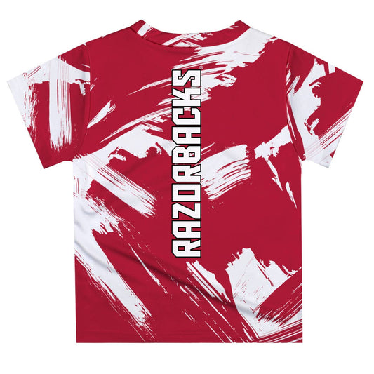 Red t-shirt with white abstract patterns and 'RAZORBACKS' text on a white background, kids razorback shirt, kids razorback clothes, girls kids razorback, kids razorback nearby, toddler razorback shirt, Arkansas razorback youth apparel, shirts kids Razorback, Arkansas razorback baby girl clothes, Arkansas razorback baby boy clothes, stores in Fayetteville ar
