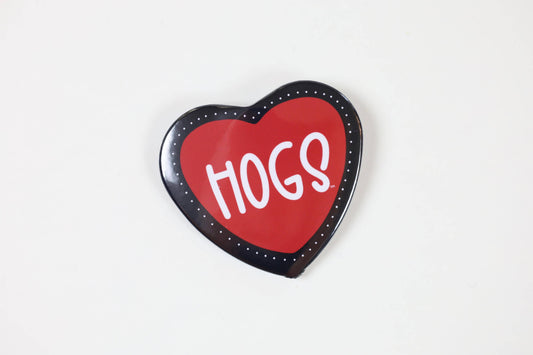 Heart-shaped button with 'HOGS' text on a white background, gameday buttons Arkansas, gameday buttons, near me, red game day pins, red gameday button razorback store near me