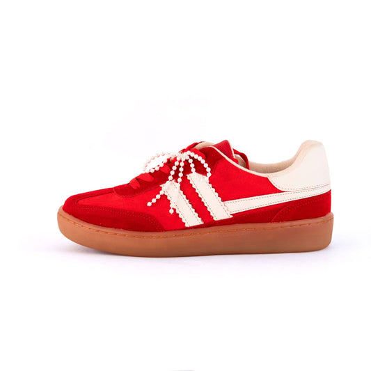 Red sneaker with white laces and brown sole on a white background, red sneakers, maker shoes red sneakers, red gameday shoe, red shoes, shoe store Fayetteville, ar shopping