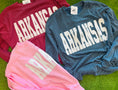 Load image into Gallery viewer, Three sweatshirts with 'ARKANSAS' printed on them, one red, one blue, and one pink, in a Fayetteville arkansas razorback store, razorback store, arkansas boutique, Razorbacks sweatshirt
