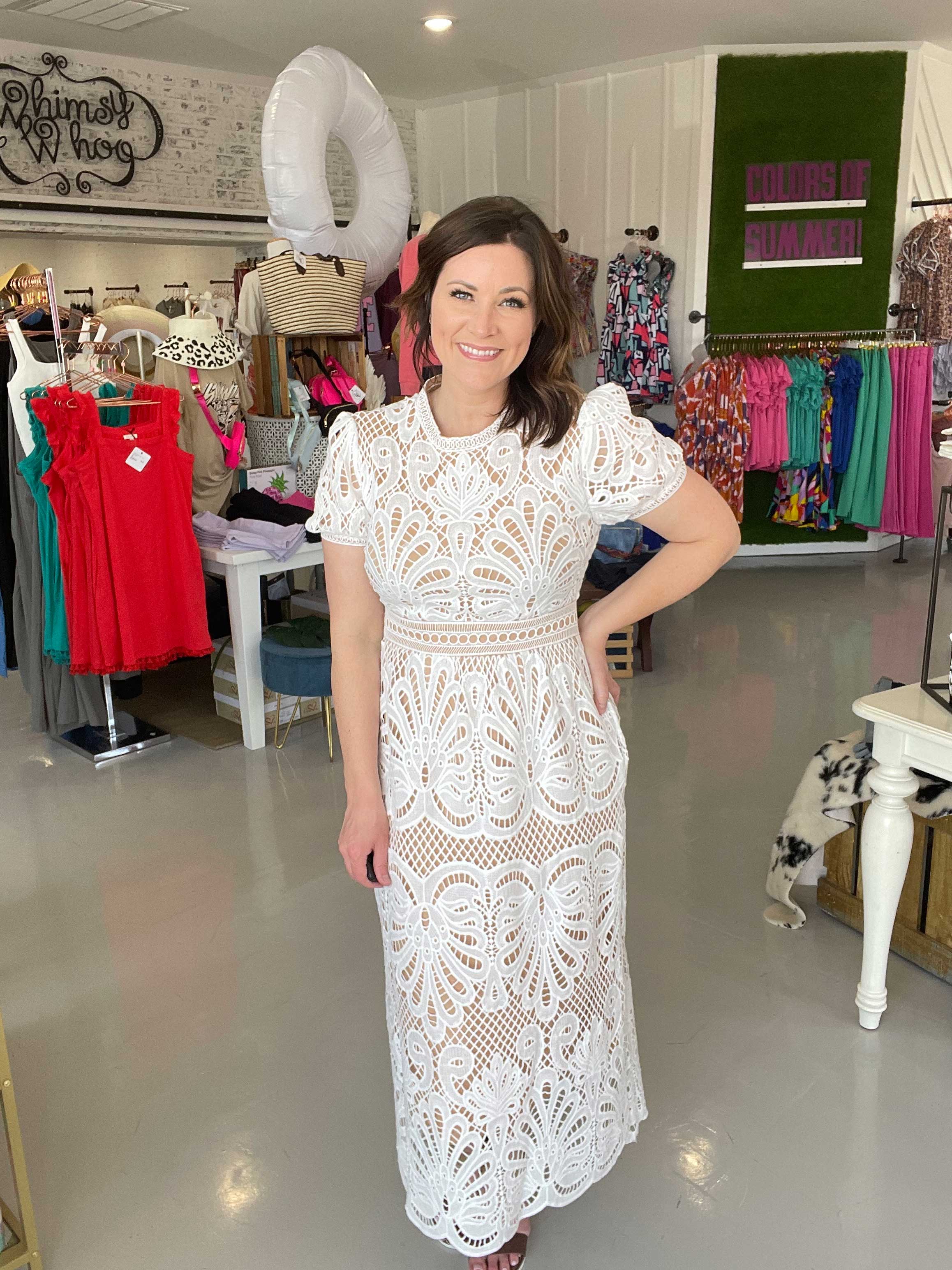 Crochet lace midi outlet dress