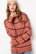 Load image into Gallery viewer, Woman wearing a pink sweater with black stripes against a white background, sweater, sweaters for women, sweater women, stores near me, Fayetteville, ar
