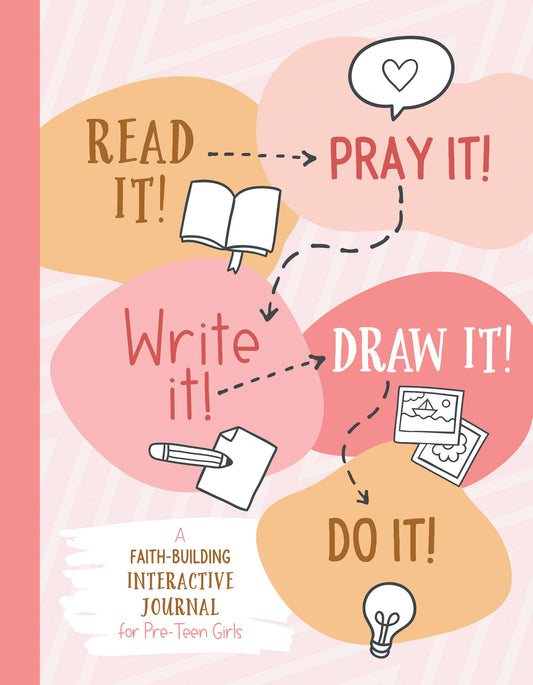 Cover of a faith-building interactive journal for pre-teen girls with colorful text and icons on a pink background.