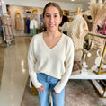 Load image into Gallery viewer, V neck sweater, sweaters for women, sweater weather, ribbed sweater, ribbed sweater women, cream sweater women, blu pepper clothing, blu pepper sweater, blu pepper top, shopping near me, stores Fayetteville ar
