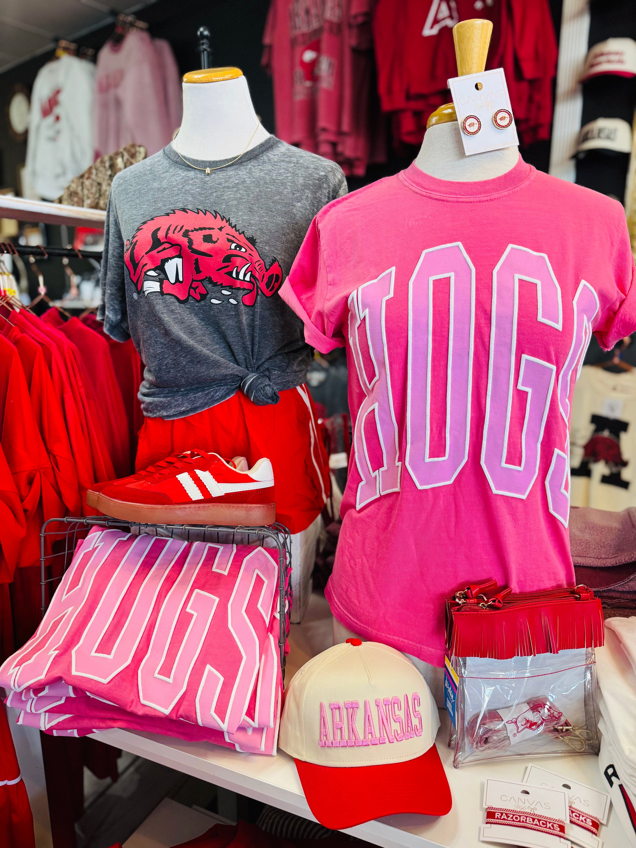 Razorback store in Fayetteville ar with pink hogs tees, vintage razorback shirts, shopping near me Fayetteville ar boutique & razorback store