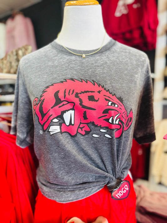 Gray t-shirt with a red Arkansas Razorback logo on a mannequin in a store setting.  Vintage razorback shirt, slobbering hog tee, Arkansas shirts near me, Fayetteville mall