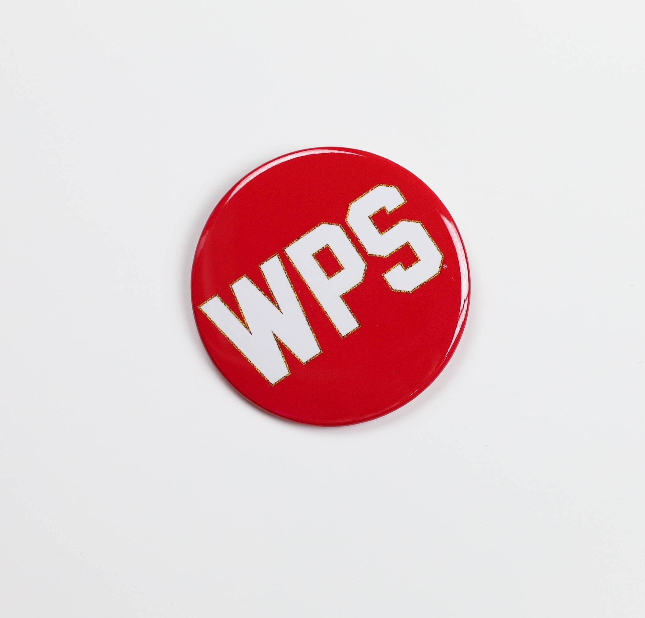 Red button with 'WPS' text on a white background, razorback gameday pins, Arkansas gameday pins, red game day pins, razorback stores in fayetteville arkansas