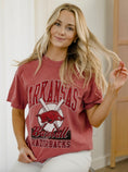 Load image into Gallery viewer, Arkansas Razorback baseball with two bats, and baseball with red razorback. Arkansas Razorback Baseball T-Shirt
