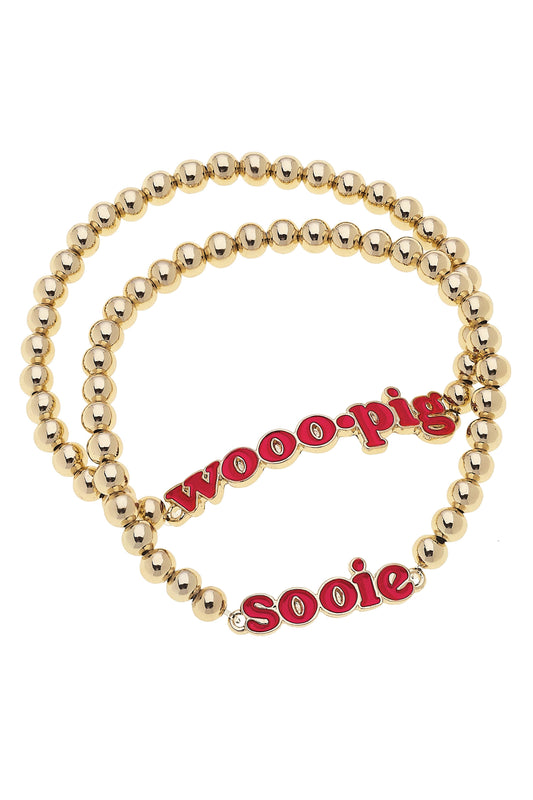 Gold beaded bracelet with red lettered charms on a white background, razorback jewelry-razorback bracelets-Arkansas jewelry-Arkansas bracelets-stores near me Fayetteville Arkansas 