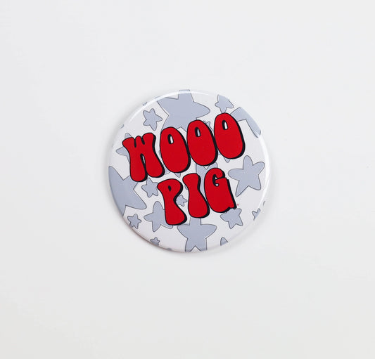 Button badge with 'WOOO PIG' text on a white background, razroback gameday button, gameday buttons, college game day pins, razorback store near me, razorback store online