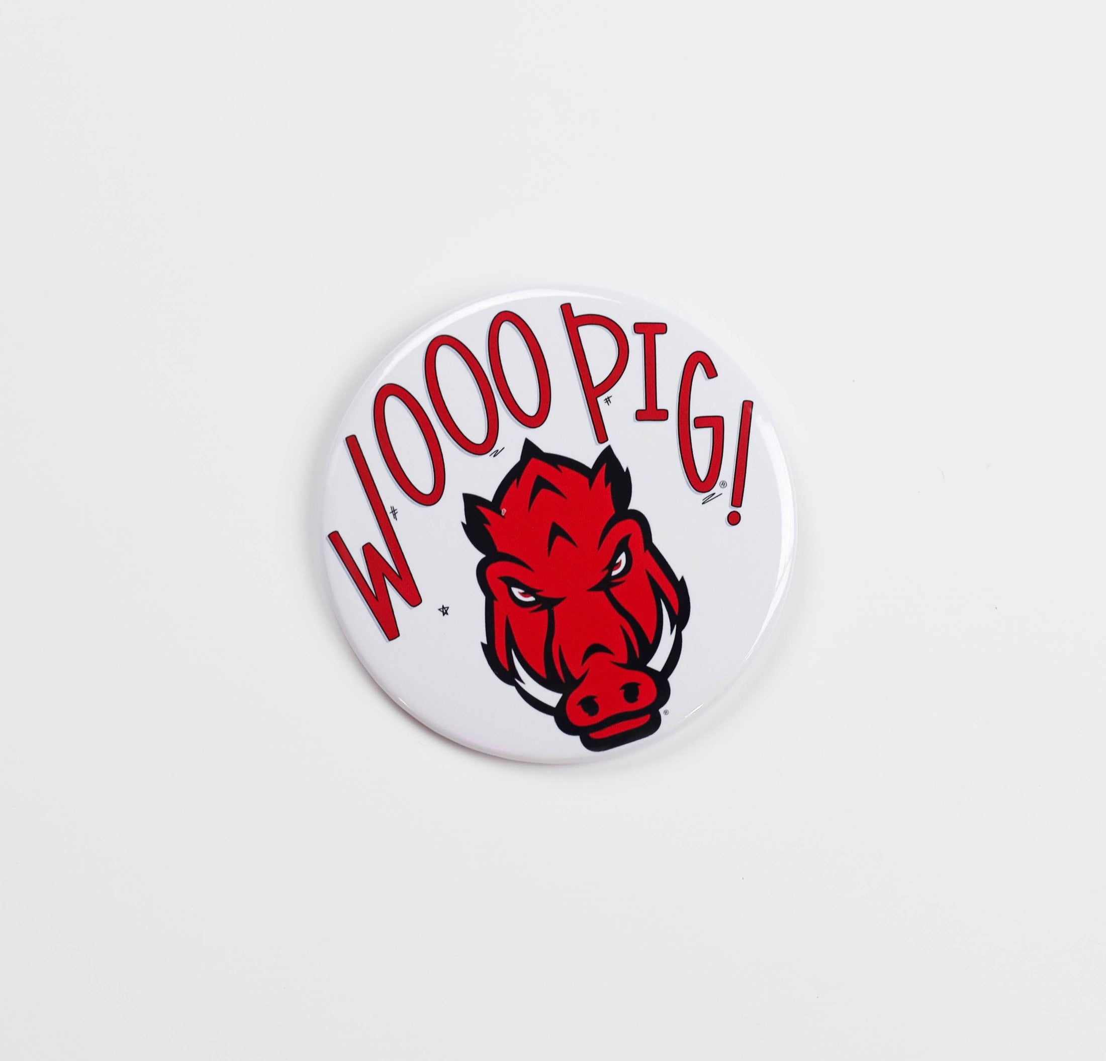 Button badge with red pig logo and 'WOOO PIG!' text on a white background, razorback gameday pins, Arkansas gameday pins, razorback gameday button, gameday buttons, tailgate buttons, red game day pins, red gameday button